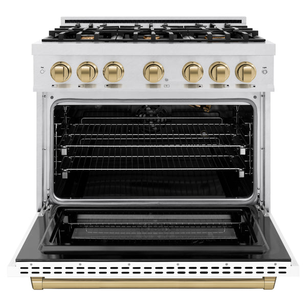 ZLINE Autograph Edition 36 in. 5.2 cu. ft. Select Gas Range with 6 Burner Cooktop and Convection Gas Oven in DuraSnow® Stainless Steel with White Matte Door and Champagne Bronze Accents (HGRSZ-WM-36-CB)