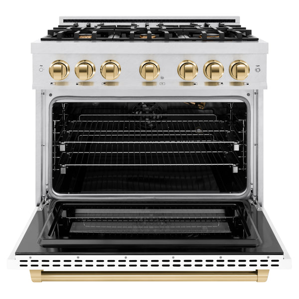 ZLINE Autograph Edition 36 in. 5.2 cu. ft. Select Gas Range with 6 Burner Cooktop and Convection Gas Oven in DuraSnow® Stainless Steel with White Matte Door and Polished Gold Accents (HGRSZ-WM-36-G)