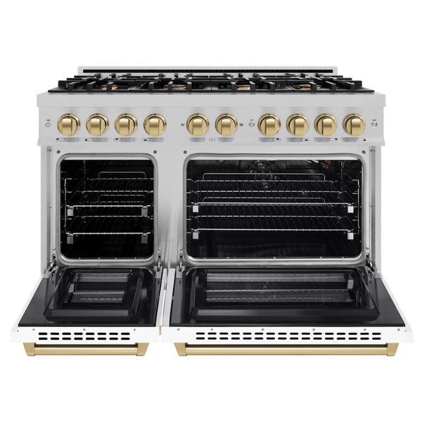 ZLINE Autograph Edition 48 in. 6.7 cu. ft. Select Double Oven Gas Range with 8 Burner Cooktop in DuraSnow® Stainless Steel with White Matte Doors and Champagne Bronze Accents (HGRSZ-WM-48-CB)