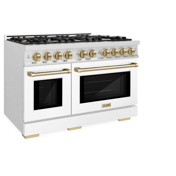 ZLINE Autograph Edition 48 in. 6.7 cu. ft. Select Double Oven Gas Range with 8 Burner Cooktop in DuraSnow® Stainless Steel with White Matte Doors and Champagne Bronze Accents (HGRSZ-WM-48-CB)