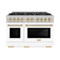 ZLINE Autograph Edition 48 in. 6.7 cu. ft. Select Double Oven Gas Range with 8 Burner Cooktop in DuraSnow® Stainless Steel with White Matte Doors and Polished Gold Accents (HGRSZ-WM-48-G)