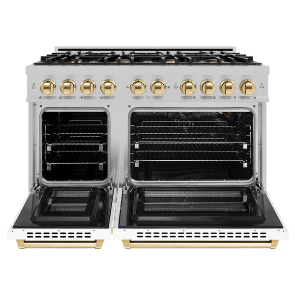 ZLINE Autograph Edition 48 in. 6.7 cu. ft. Select Double Oven Gas Range with 8 Burner Cooktop in DuraSnow® Stainless Steel with White Matte Doors and Polished Gold Accents (HGRSZ-WM-48-G)