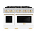 ZLINE Autograph Edition 48 in. 6.7 cu. ft. Select Double Oven Gas Range with 8 Burner Cooktop in DuraSnow® Stainless Steel with White Matte Doors and Polished Gold Accents (HGRSZ-WM-48-G)