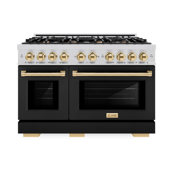 ZLINE Autograph Edition 48 in. 6.7 cu. ft. Select Double Oven Dual Fuel Range with 8 Burner Gas Cooktop in Stainless Steel with Black Matte Doors and Polished Gold Accents (HDRZ-BLM-48-G)