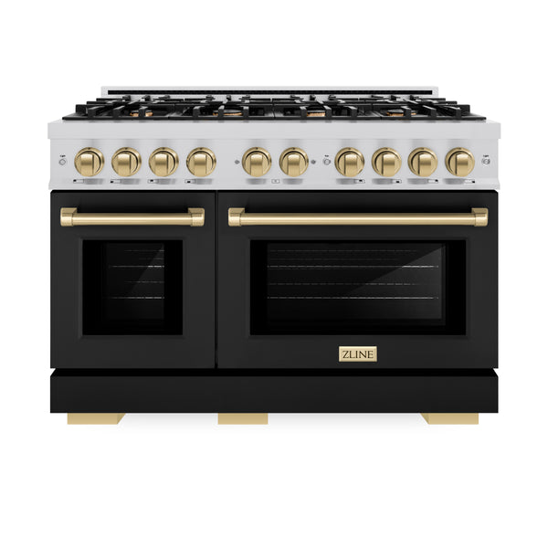 ZLINE Autograph Edition 48 in. 6.7 cu. ft. Select Double Oven Gas Range with 8 Burner Cooktop in Stainless Steel with Black Matte Doors and Champagne Bronze Accents (HGRZ-BLM-48-CB)