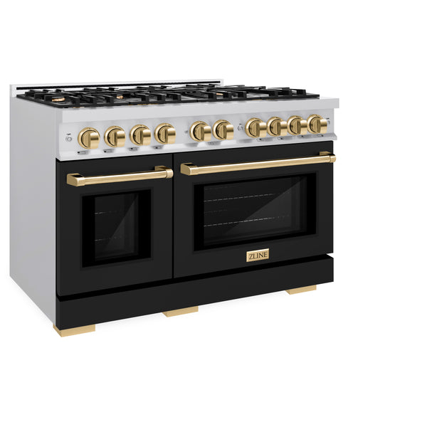 ZLINE Autograph Edition 48 in. 6.7 cu. ft. Select Double Oven Gas Range with 8 Burner Cooktop in Stainless Steel with Black Matte Doors and Polished Gold Accents (HGRZ-BLM-48-G)