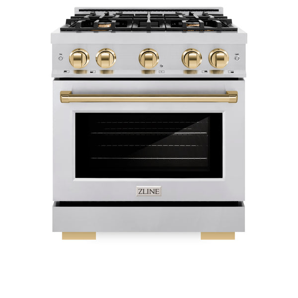 ZLINE Autograph Edition 30 in. 4.2 cu. ft. Select Dual Fuel Range with 4 Burner Gas Cooktop and Electric Convection Oven in Stainless Steel with Polished Gold Accents (HDRZ-30-G)