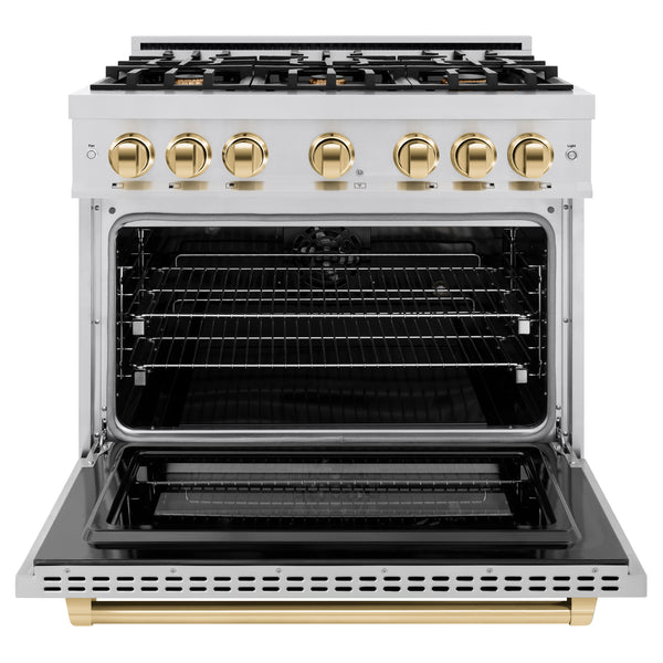 ZLINE Autograph Edition 36 in. 5.2 cu. ft. Select Dual Fuel Range with 6 Burner Gas Cooktop and Electric Convection Oven in Stainless Steel with Polished Gold Accents (HDRZ-36-G)