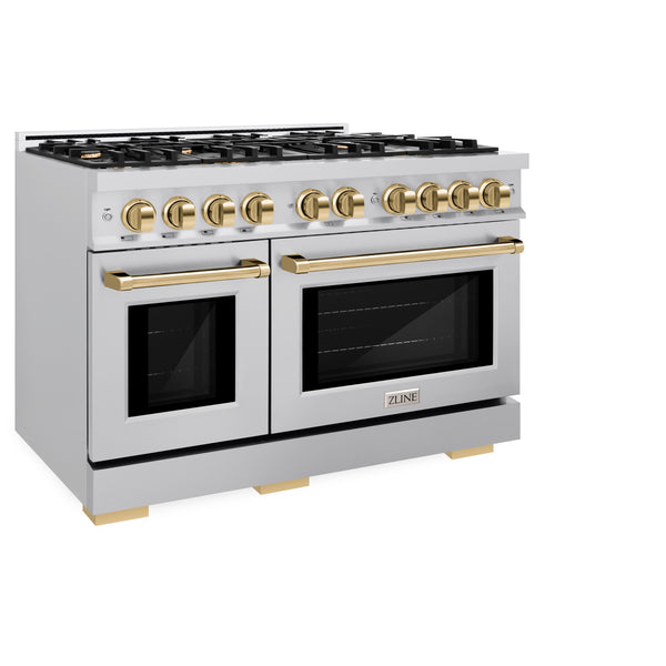 ZLINE Autograph Edition 48 in. 6.7 cu. ft. Select Double Oven Dual Fuel Range with 8 Burner Gas Cooktop in Stainless Steel and Polished Gold Accents (HDRZ-48-G)