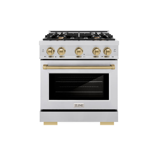 ZLINE Autograph Edition 30 in. 4.2 cu. ft. Select Gas Range with 4 Burner Cooktop and Convection Gas Oven in Stainless Steel and Champagne Bronze Accents (HGRZ-30-CB)