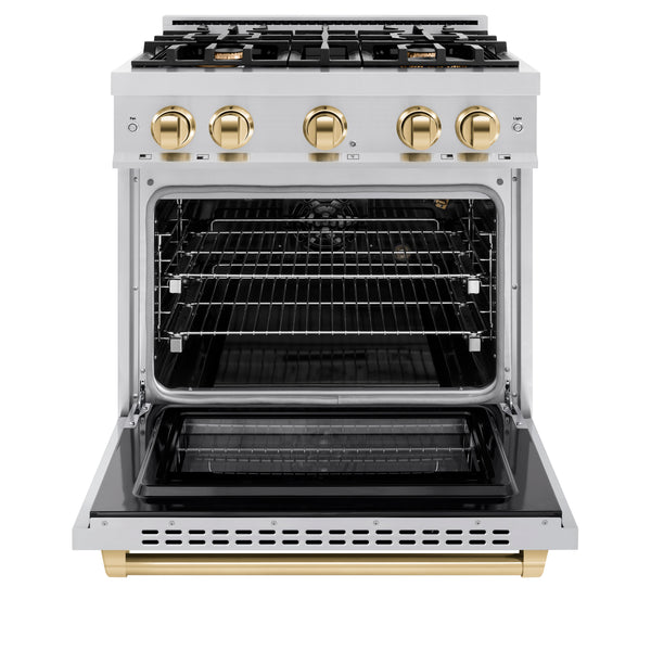 ZLINE Autograph Edition 30 in. 4.2 cu. ft. Select Gas Range with 4 Burner Cooktop and Convection Gas Oven in Stainless Steel and Polished Gold Accents (HGRZ-30-G)