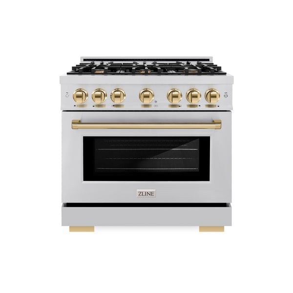 ZLINE Autograph Edition 36 in. 5.2 cu. ft. Select Gas Range with 6 Burner Cooktop and Convection Gas Oven in Stainless Steel and Polished Gold Accents (HGRZ-36-G)