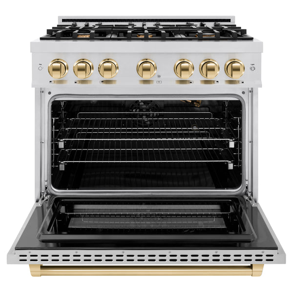 ZLINE Autograph Edition 36 in. 5.2 cu. ft. Select Gas Range with 6 Burner Cooktop and Convection Gas Oven in Stainless Steel and Polished Gold Accents (HGRZ-36-G)