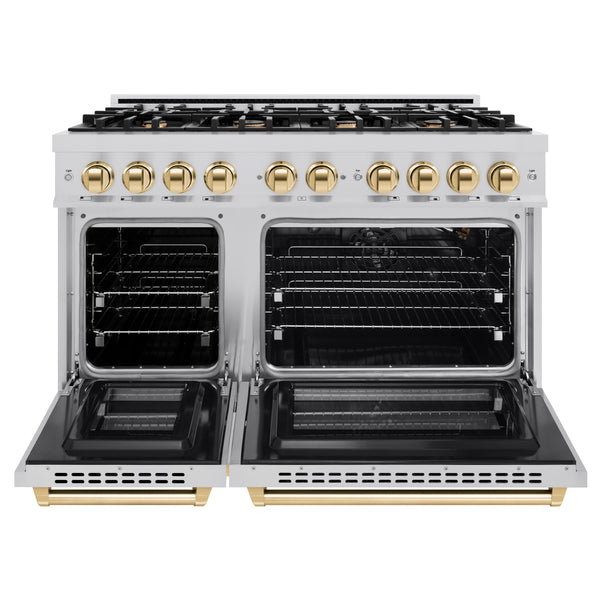 ZLINE Autograph Edition 48 in. 6.7 cu. ft. Select Double Oven Gas Range with 8 Burner Cooktop in Stainless Steel and Polished Gold Accents (HGRZ-48-G)