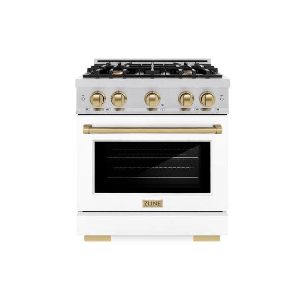 ZLINE Autograph Edition 30 in. 4.2 cu. ft. Select Dual Fuel Range with 4 Burner Gas Cooktop and Electric Convection Oven in Stainless Steel with White Matte Door and Champagne Bronze Accents (HDRZ-WM-30-CB)