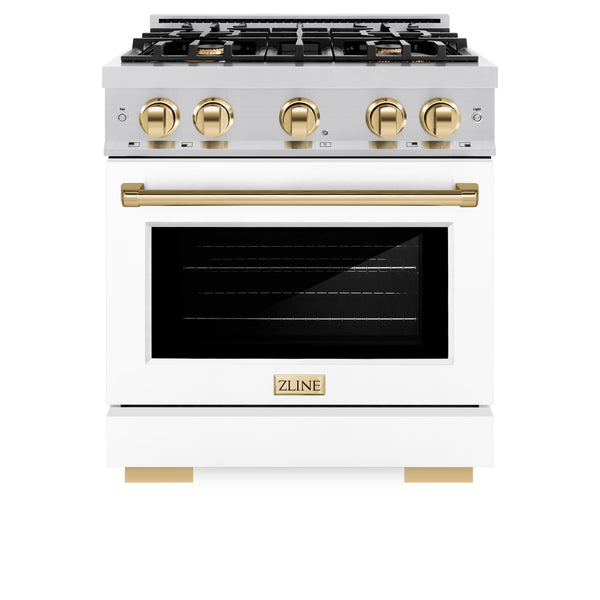 ZLINE Autograph Edition 30 in. 4.2 cu. ft. Select Dual Fuel Range with 4 Burner Gas Cooktop and Electric Convection Oven in Stainless Steel with White Matte Door and Polished Gold Accents (HDRZ-WM-30-G)