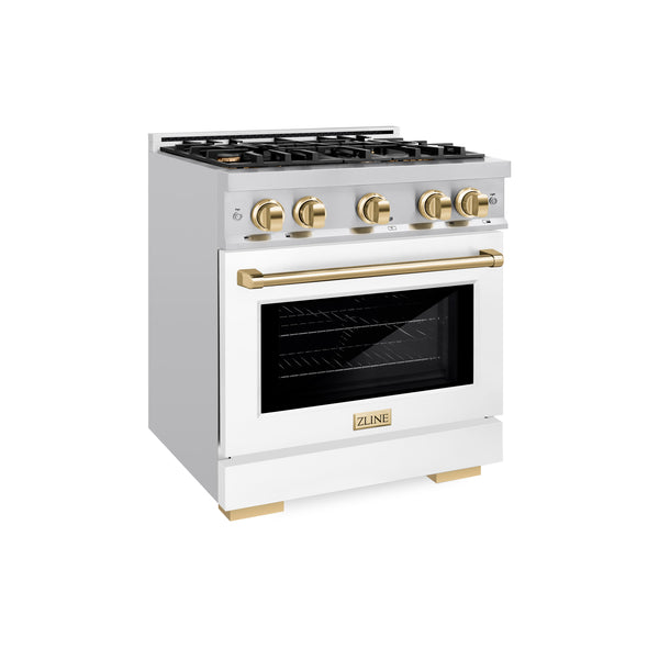 ZLINE Autograph Edition 30 in. 4.2 cu. ft. Select Dual Fuel Range with 4 Burner Gas Cooktop and Electric Convection Oven in Stainless Steel with White Matte Door and Polished Gold Accents (HDRZ-WM-30-G)