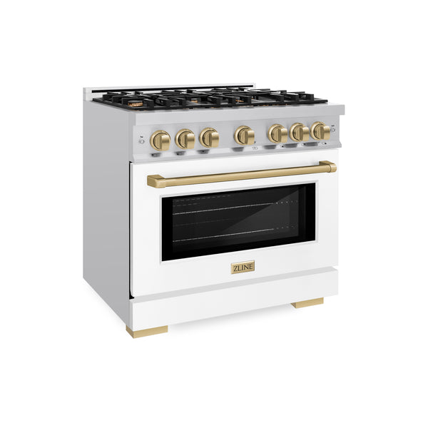 ZLINE Autograph Edition 36 in. 5.2 cu. ft. Select Dual Fuel Range with 6 Burner Gas Cooktop and Electric Convection Oven in Stainless Steel with White Matte Door and Champagne Bronze Accents (HDRZ-WM-36-CB)