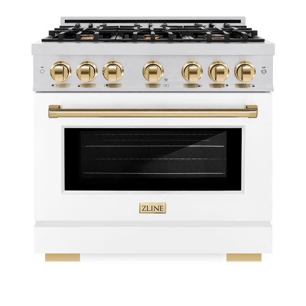 ZLINE Autograph Edition 36 in. 5.2 cu. ft. Select Dual Fuel Range with 6 Burner Gas Cooktop and Electric Convection Oven in Stainless Steel with White Matte Door and Polished Gold Accents (HDRZ-WM-36-G)