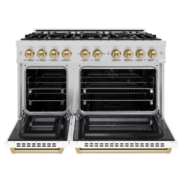 ZLINE Autograph Edition 48 in. 6.7 cu. ft. Select Double Oven Dual Fuel Range with 8 Burner Gas Cooktop in Stainless Steel with White Matte Doors and Champagne Bronze Accents (HDRZ-WM-48-CB)