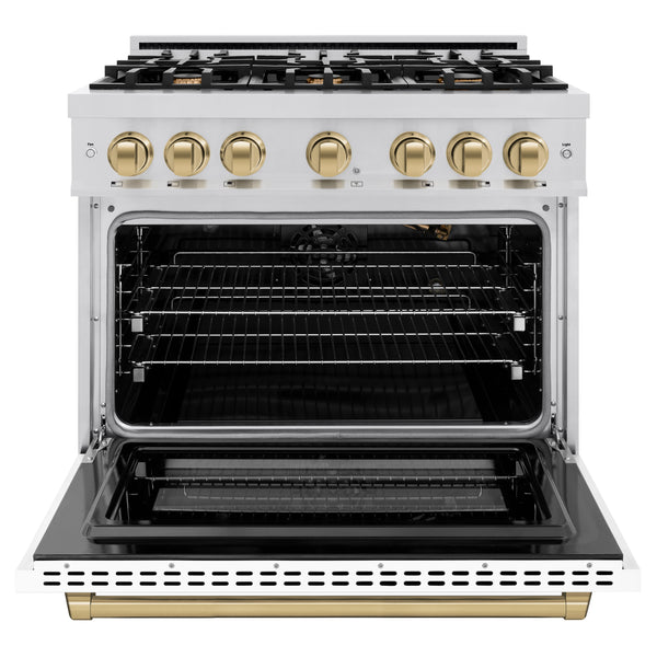 ZLINE Autograph Edition 36 in. 5.2 cu. ft. Select Gas Range with 6 Burner Cooktop and Convection Gas Oven in Stainless Steel with White Matte Door and Champagne Bronze Accents (HGRZ-WM-36-CB)