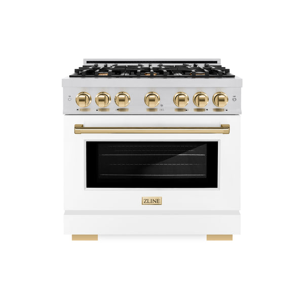 ZLINE Autograph Edition 36 in. 5.2 cu. ft. Select Gas Range with 6 Burner Cooktop and Convection Gas Oven in Stainless Steel with White Matte Door and Polished Gold Accents (HGRZ-WM-36-G)