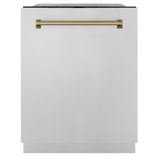 ZLINE Autograph Edition 24" Monument Series 3rd Rack Top Touch Control Tall Tub Dishwasher in Stainless Steel with Champagne Bronze Handle, 45dBa (DWMTZ-304-24-CB)