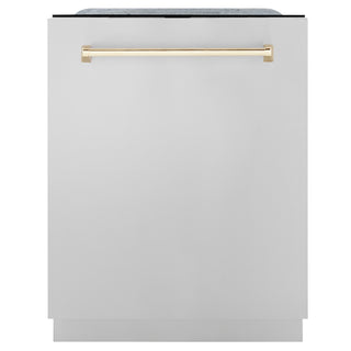 Buy gold ZLINE Autograph Edition 24&quot; 3rd Rack Top Touch Control Tall Tub Dishwasher in Stainless Steel with Accent Handle, 45dBa (DWMTZ-304-24)