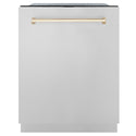 ZLINE Autograph Edition 24" Monument Series 3rd Rack Top Touch Control Tall Tub Dishwasher in Stainless Steel with Polished Gold Handle, 45dBa (DWMTZ-304-24-G)