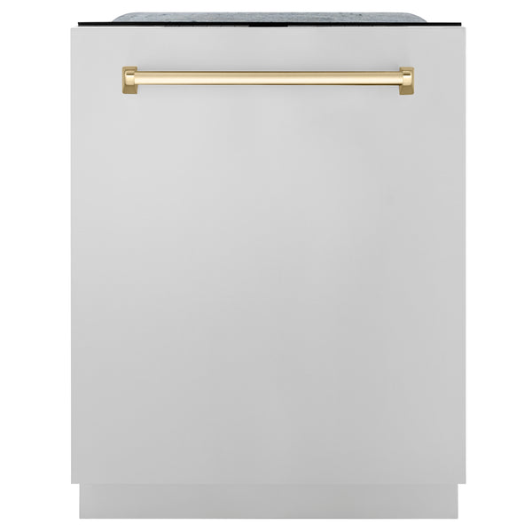 ZLINE Autograph Edition 24" Monument Series 3rd Rack Top Touch Control Tall Tub Dishwasher in Stainless Steel with Polished Gold Handle, 45dBa (DWMTZ-304-24-G)