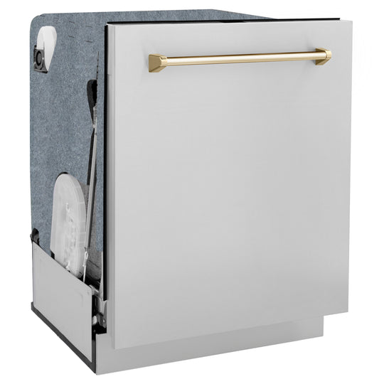 ZLINE Autograph Edition 24" Monument Series 3rd Rack Top Touch Control Tall Tub Dishwasher in Stainless Steel with Polished Gold Handle, 45dBa (DWMTZ-304-24-G)