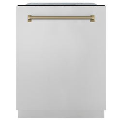 ZLINE Autograph Edition 24 in. Monument Series 3rd Rack Top Touch Control Tall Tub Dishwasher in Stainless Steel with Champagne Bronze Helix Handle, 45dBa (DWMTZ-30424-KCB)