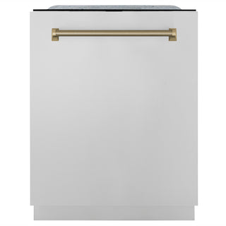 ZLINE Autograph Edition 24 in. Monument Series 3rd Rack Top Touch Control Tall Tub Dishwasher in Stainless Steel with Champagne Bronze Helix Handle, 45dBa (DWMTZ-30424-KCB)