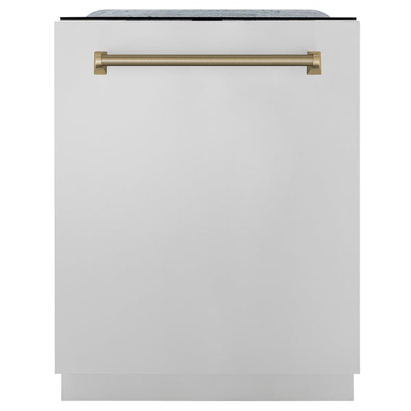 ZLINE Autograph Edition 24 in. Monument Series 3rd Rack Top Touch Control Tall Tub Dishwasher in Stainless Steel with Champagne Bronze Helix Handle, 45dBa (DWMTZ-30424-KCB)