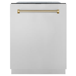 ZLINE Autograph Edition 24 in. Monument Series 3rd Rack Top Touch Control Tall Tub Dishwasher in Stainless Steel with Polished Gold Helix Handle, 45dBa (DWMTZ-30424-KG)