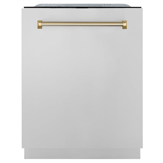 ZLINE Autograph Edition 24 in. Monument Series 3rd Rack Top Touch Control Tall Tub Dishwasher in Stainless Steel with Polished Gold Helix Handle, 45dBa (DWMTZ-30424-KG)