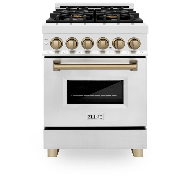 ZLINE Autograph Edition 24 in. 2.8 cu. ft. Legacy Dual Fuel Range with 4 Burner Gas Cooktop and Electric Convection Oven in Stainless Steel and Champagne Bronze Accents, Open Box-Good Condition