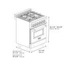 ZLINE Autograph Edition 24 in. 2.8 cu. ft. Legacy Dual Fuel Range with 4 Burner Gas Cooktop and Electric Convection Oven in Stainless Steel and Polished Gold Accents, Open Box-Good Condition dimensional diagram.