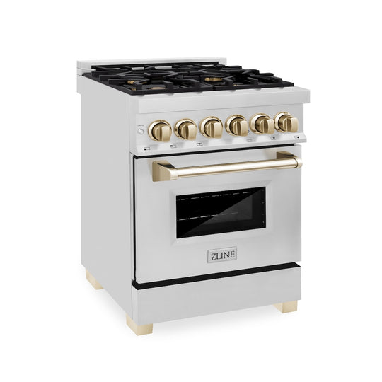 ZLINE Autograph Edition 24 in. 2.8 cu. ft. Legacy Dual Fuel Range with 4 Burner Gas Cooktop and Electric Convection Oven in Stainless Steel and Polished Gold Accents, Open Box-Great Condition