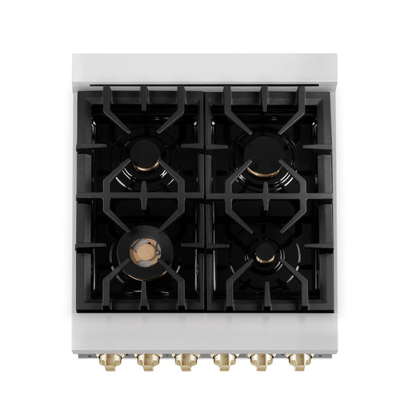 ZLINE Autograph Edition 24 in. 2.8 cu. ft. Legacy Dual Fuel Range with 4 Burner Gas Cooktop and Electric Convection Oven in Stainless Steel and Polished Gold Accents, Open Box-Good Condition