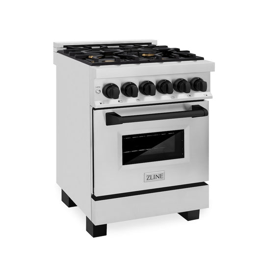 ZLINE Autograph Edition 24 in. 2.8 cu. ft. Legacy Dual Fuel Range with 4 Burner Gas Cooktop and Electric Convection Oven in Stainless Steel and Matte Black Accents, Open Box-Great Condition