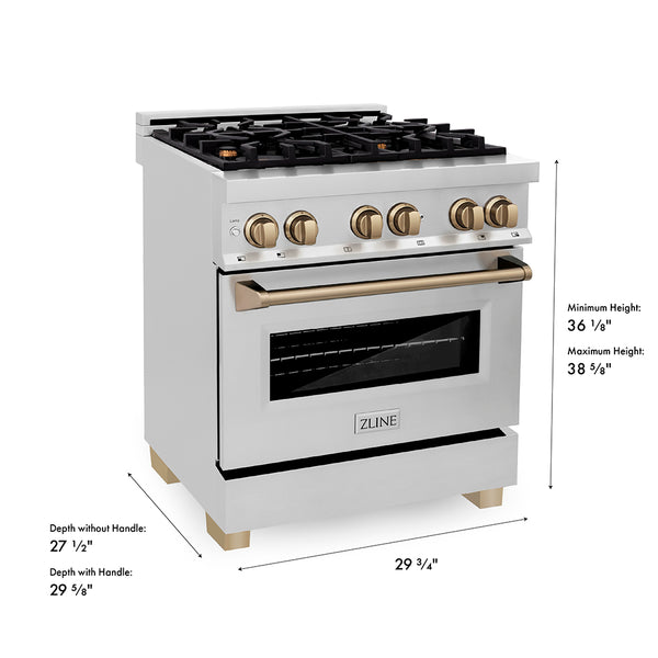 ZLINE Autograph Edition 30 in. 4.0 cu. ft. Legacy Dual Fuel Range with 4 Burner Gas Cooktop and Electric Convection Oven in Stainless Steel and Champagne Bronze Accents, Open Box-Good Condition