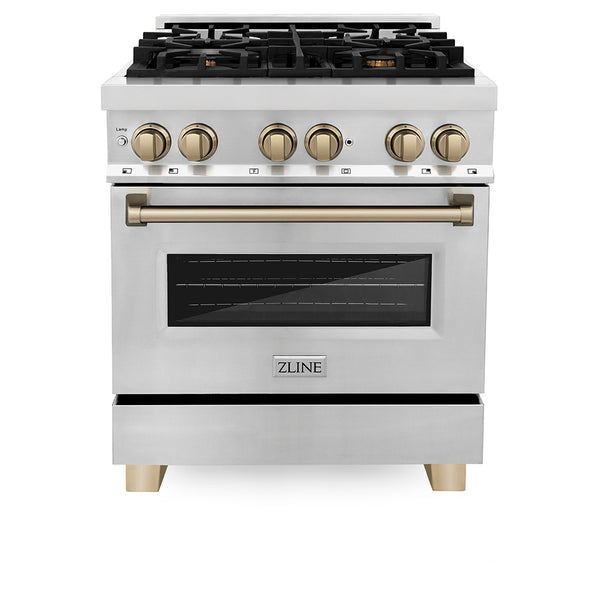 ZLINE Autograph Edition 30 in. 4.0 cu. ft. Legacy Dual Fuel Range with 4 Burner Gas Cooktop and Electric Convection Oven in Stainless Steel and Champagne Bronze Accents, Open Box-Good Condition