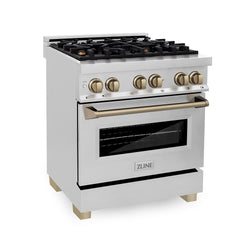 ZLINE Autograph Edition 30 in. 4.0 cu. ft. Legacy Dual Fuel Range with 4 Burner Gas Cooktop and Electric Convection Oven in Stainless Steel and Champagne Bronze Accents, Open Box-Great Condition