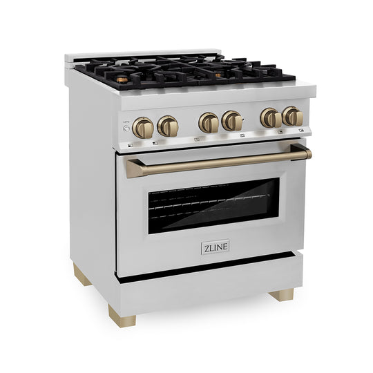 ZLINE Autograph Edition 30 in. 4.0 cu. ft. Legacy Dual Fuel Range with 4 Burner Gas Cooktop and Electric Convection Oven in Stainless Steel and Champagne Bronze Accents, Open Box-Great Condition