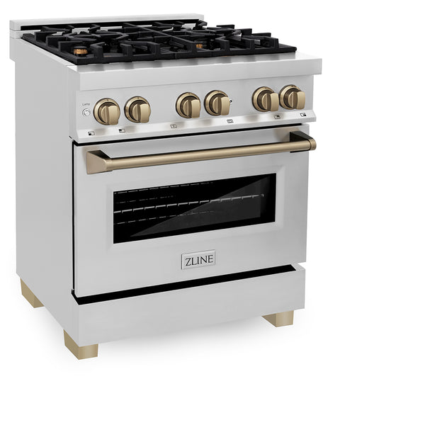 ZLINE Autograph Edition 30 in. 4.0 cu. ft. Legacy Dual Fuel Range with 4 Burner Gas Cooktop and Electric Convection Oven in Stainless Steel and Champagne Bronze Accents, Open Box-Good Condition