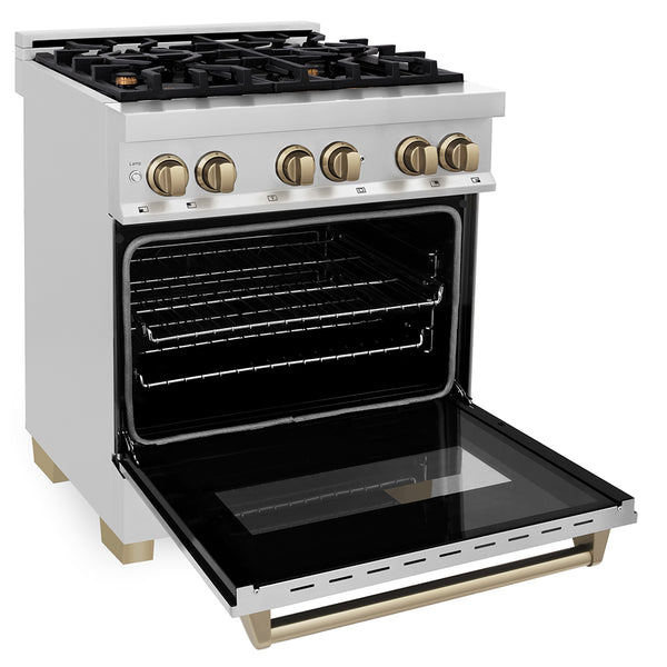 ZLINE Autograph Edition 30 in. 4.0 cu. ft. Legacy Dual Fuel Range with 4 Burner Gas Cooktop and Electric Convection Oven in Stainless Steel and Champagne Bronze Accents, Open Box-Good Condition