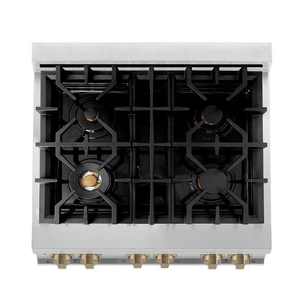 ZLINE Autograph Edition 30 in. 4.0 cu. ft. Legacy Dual Fuel Range with 4 Burner Gas Cooktop and Electric Convection Oven in Stainless Steel and Champagne Bronze Accents, Open Box-Great Condition
