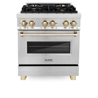 Buy gold ZLINE Autograph Edition 30&quot; 4.0 cu. ft. Dual Fuel Range with Gas Stove and Electric Oven in Stainless Steel with Accents (RAZ-30)