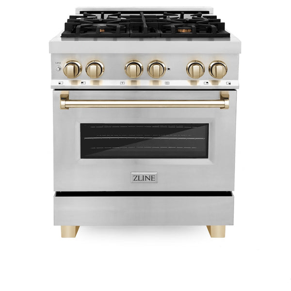 ZLINE Autograph Edition 30 in. 4.0 cu. ft. Legacy Dual Fuel Range with 4 Burner Gas Cooktop and Electric Convection Oven in Stainless Steel and Polished Gold Accents, Open Box-Good Condition